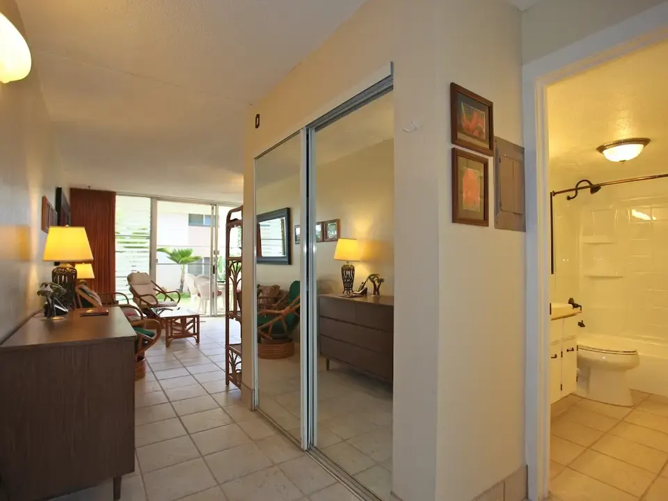Entry hallway leading to the kitchen and living area