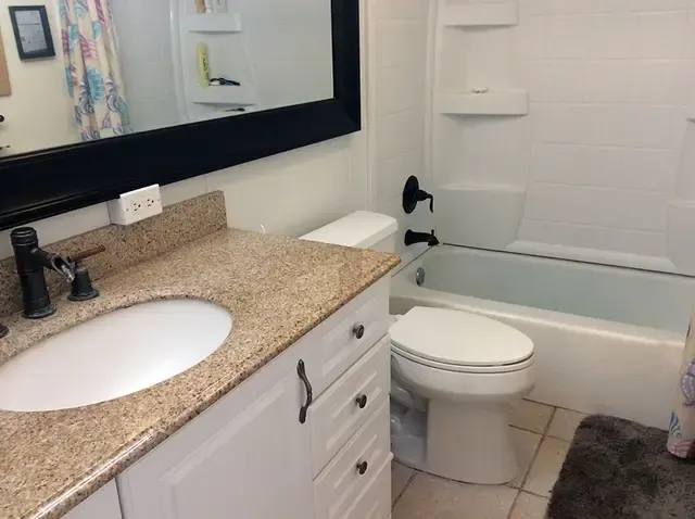 Bathroom vanity, mirror and toilet
