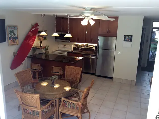 Full kitchen and indoor dining table