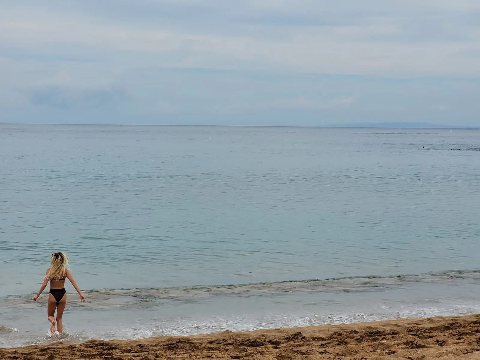 Visitor at the edge of calm shoreline water